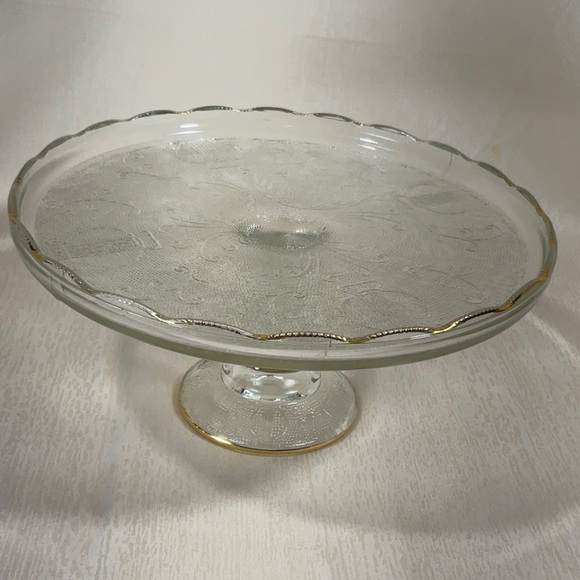 50’s Depression Pedestal Glass Cake Stand Harp Pattern Mid Century